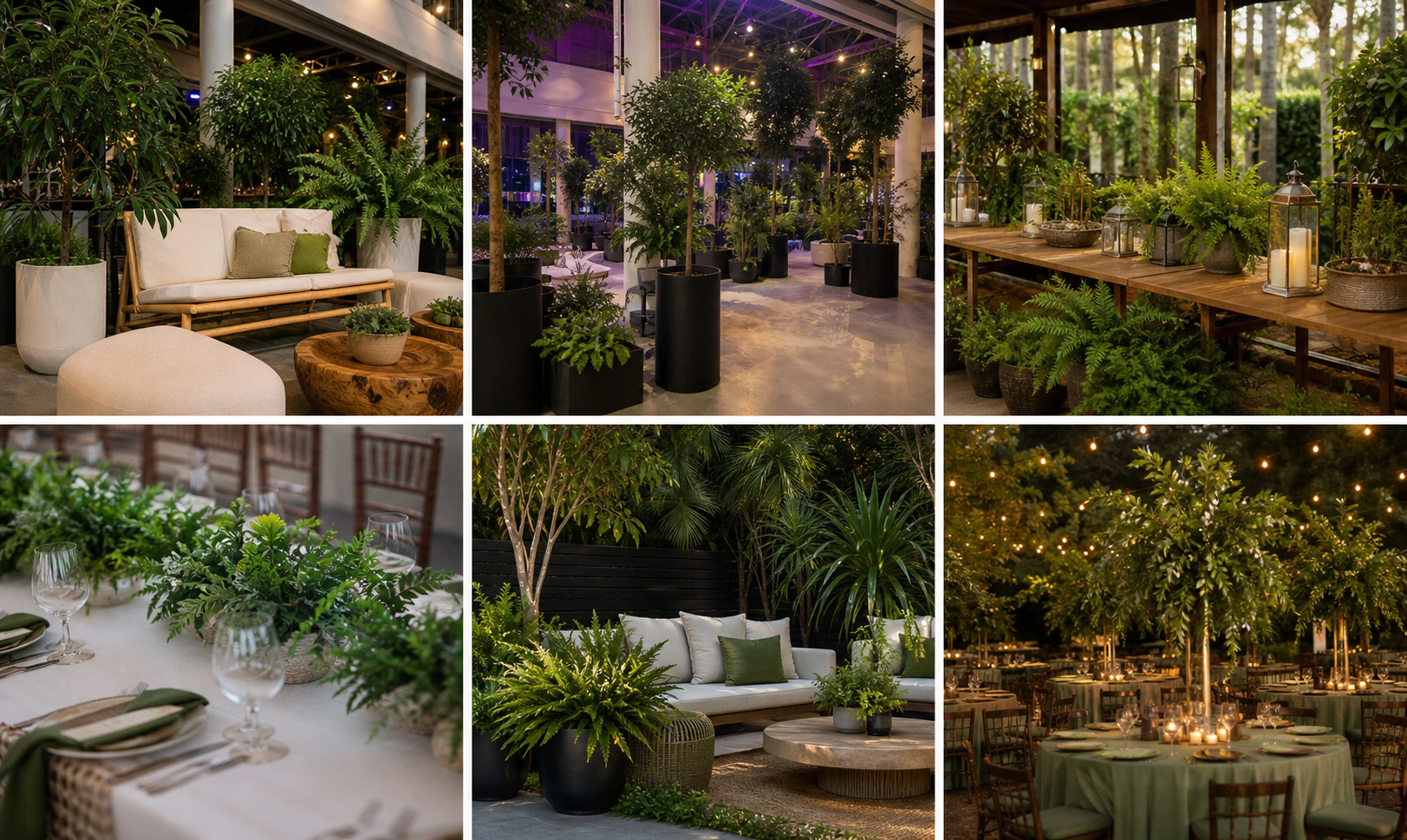 Arriendo de plantas para eventos - ambientación con plantas, mobiliario y mesas